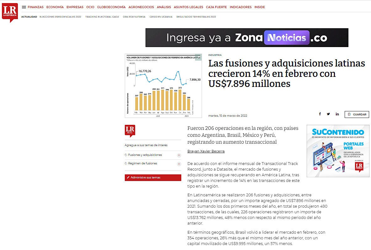 Las fusiones y adquisiciones latinas crecieron 14% en febrero con US$7.896 millones